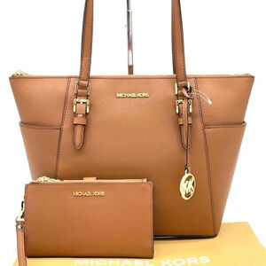 Michael Kors Large Charlotte Tote Bag & Large Double Zip Wallet Luggage (NWT)